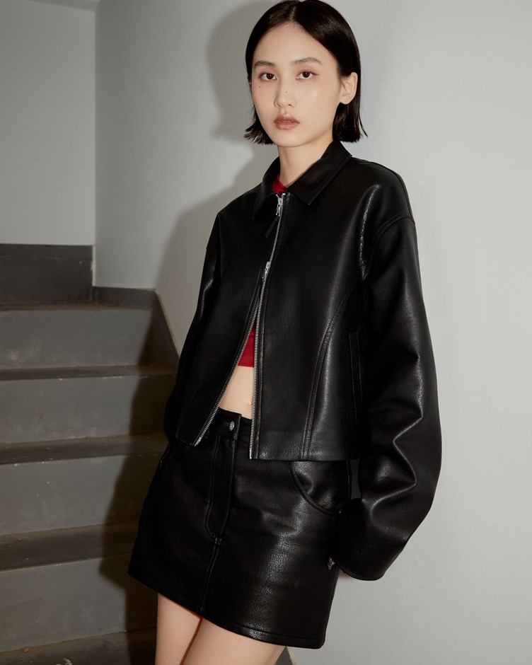 率性紋理皮革雙拉鍊外套