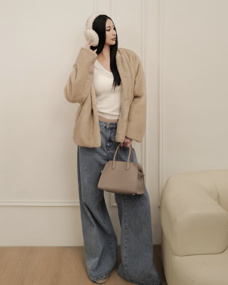 側剪接落地牛仔長褲