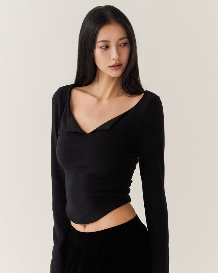 質感V領弧擺長袖上衣
