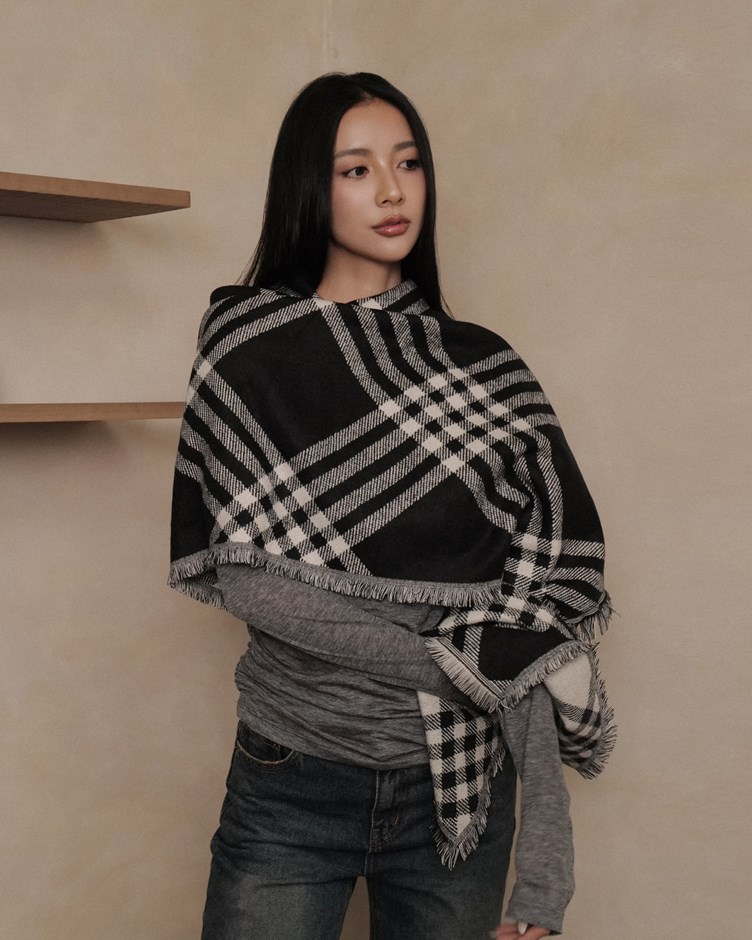 格紋流蘇披肩式圍巾