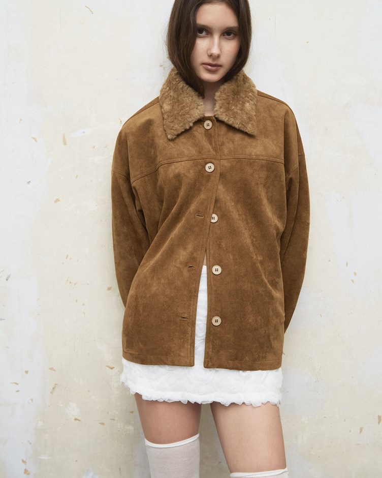 拼接毛絨領片麂皮外套