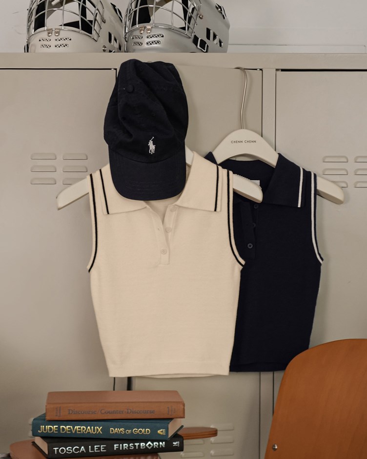 撞色削肩翻領針織背心