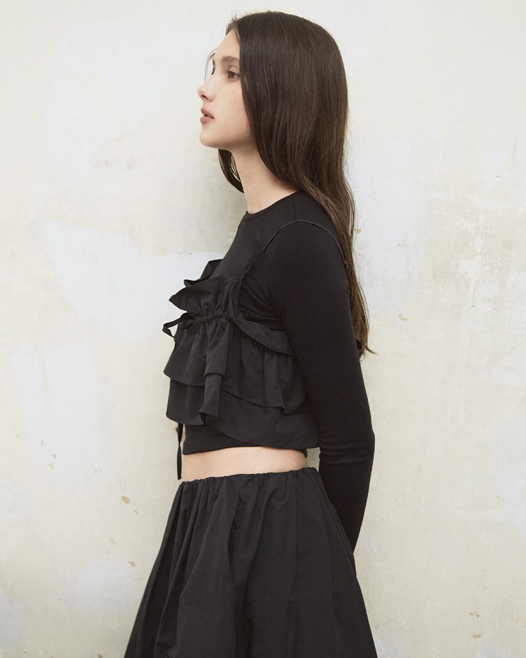多層次荷葉感抽縐綁帶上衣(上衣+背心)