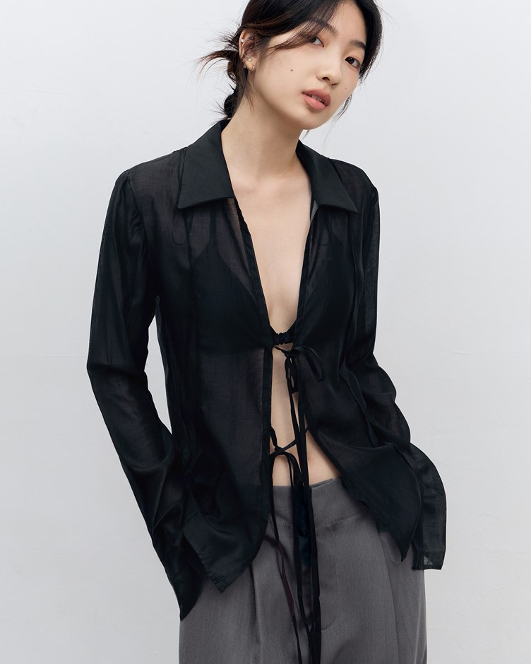 透紗綁帶開襟襯衫