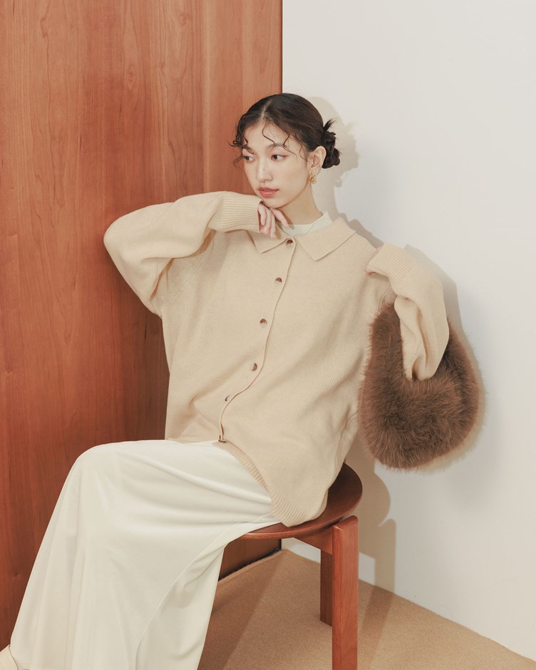 翻領排扣針織長袖上衣