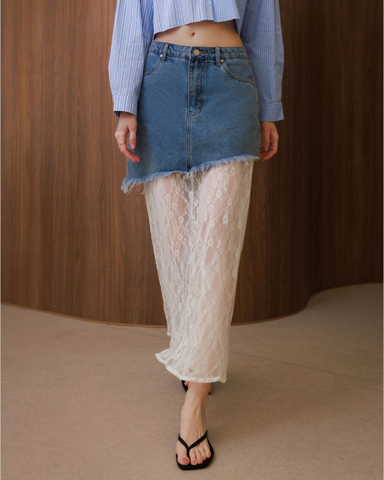 牛仔拼接蕾絲長裙(yoyo聯名款)