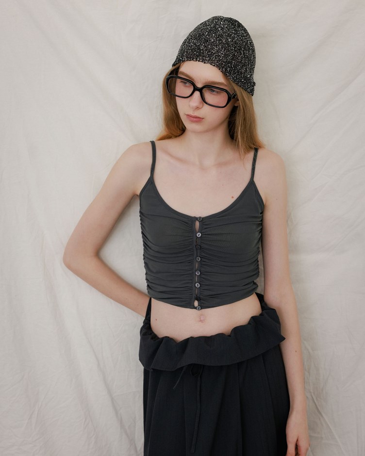 透肌網紗抓皺細肩背心