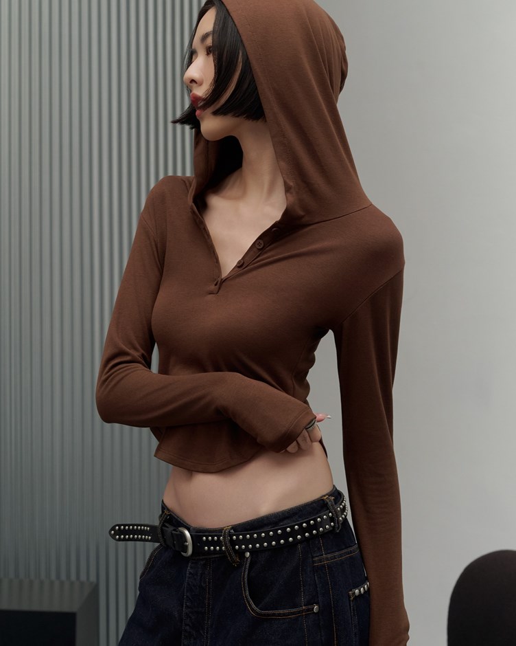 連帽弧擺長袖上衣