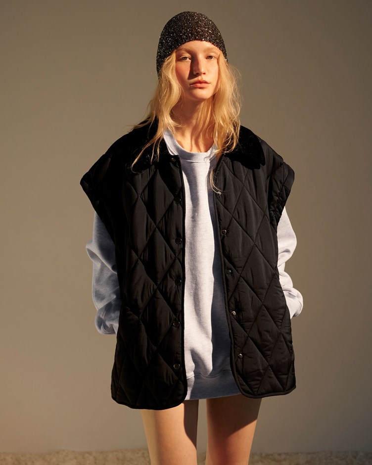 菱格衍縫可拆式翻領鋪棉外套