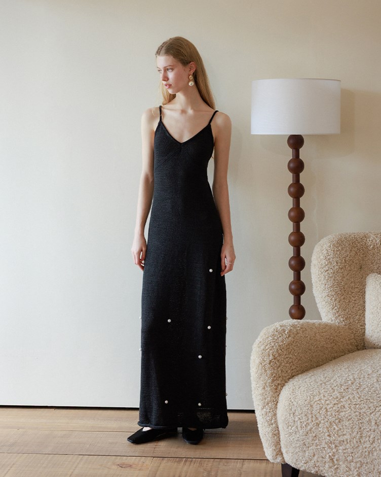 粗勾針織綁帶珍珠長洋裝