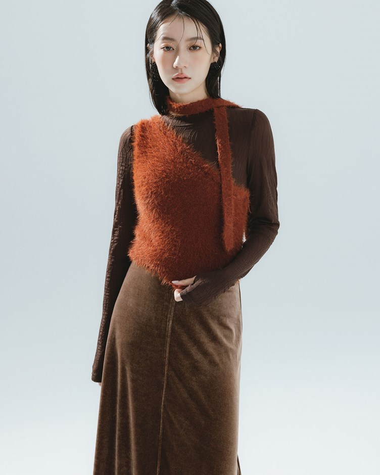 慵懶仿貂毛斜肩背心(附綁帶)