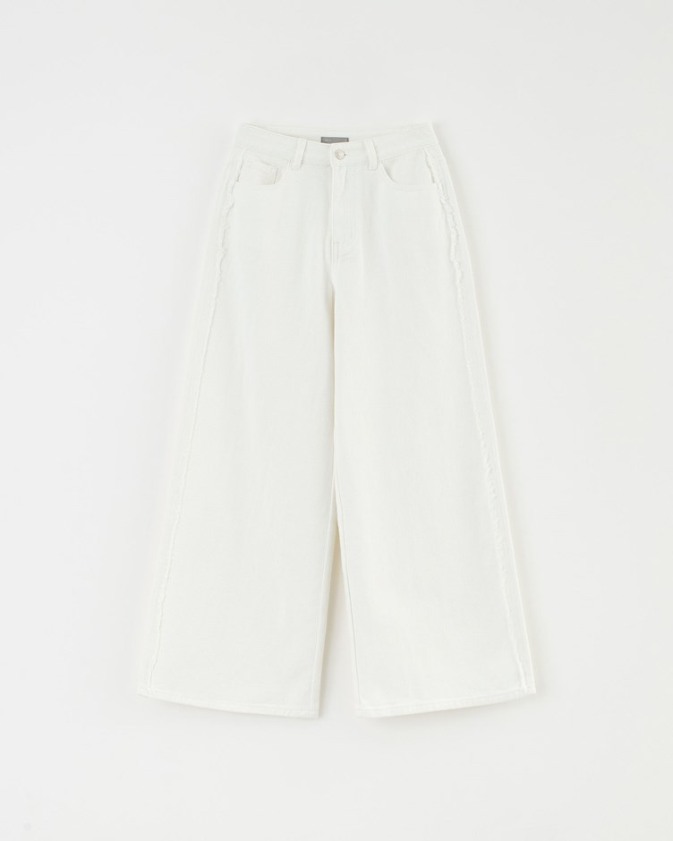 毛邊修身挺版牛仔寬褲