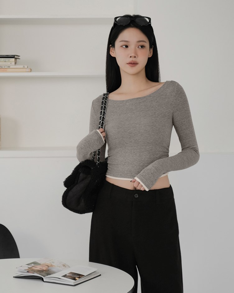 假兩件側抽皺長袖上衣