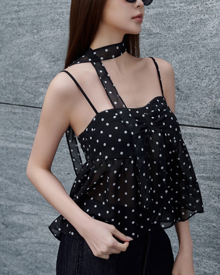 點點透紗細肩上衣(附領巾)