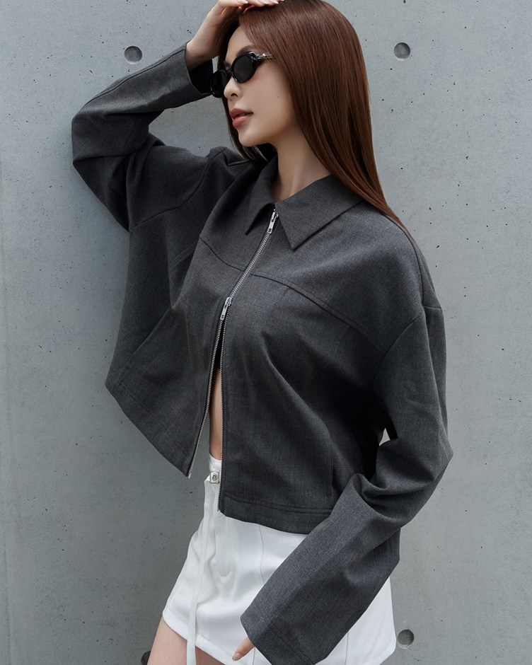 雙拉鍊短版襯衫外套