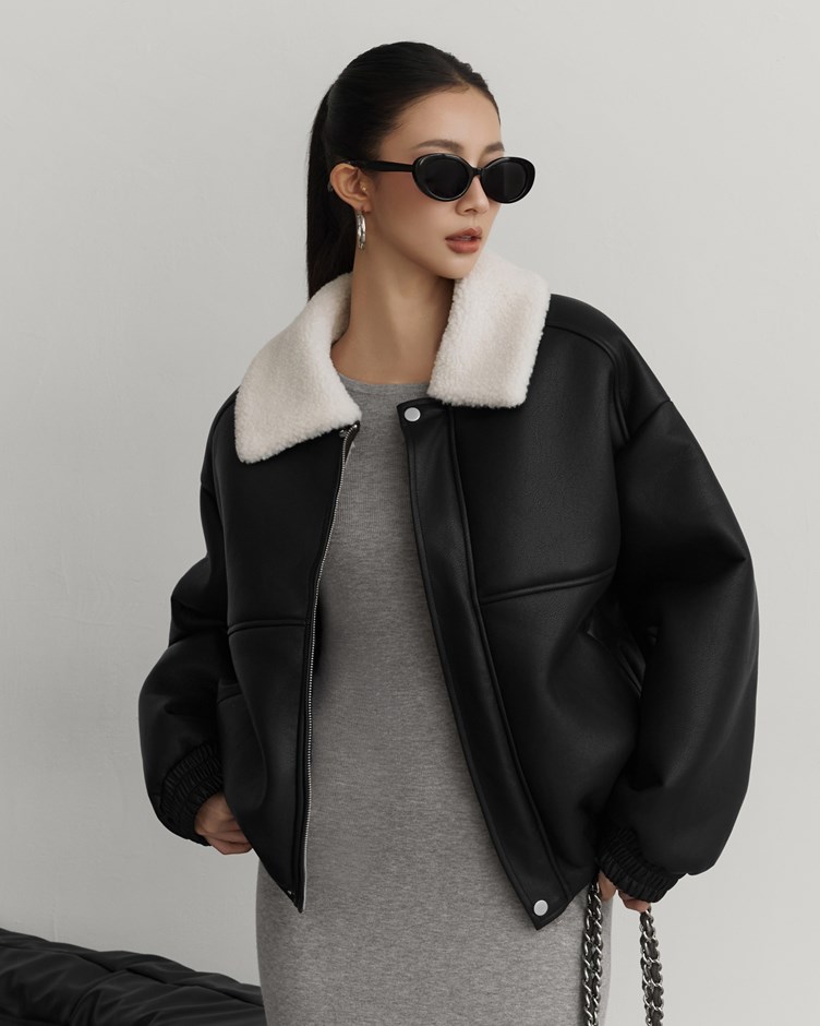 翻領毛毛皮革外套