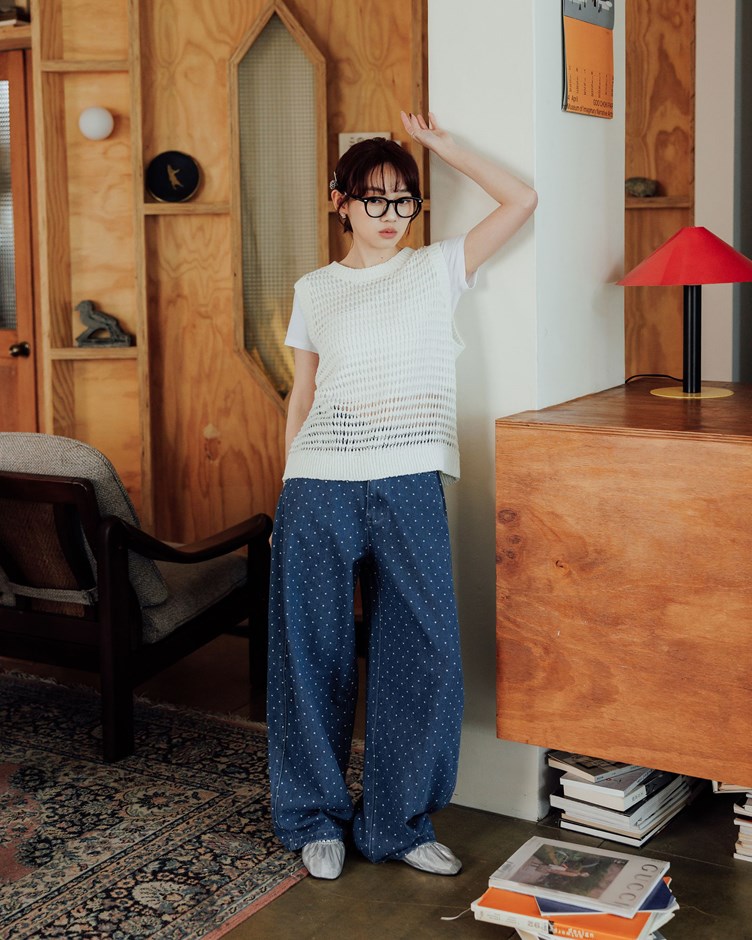 洗水感點點彎刀牛仔褲