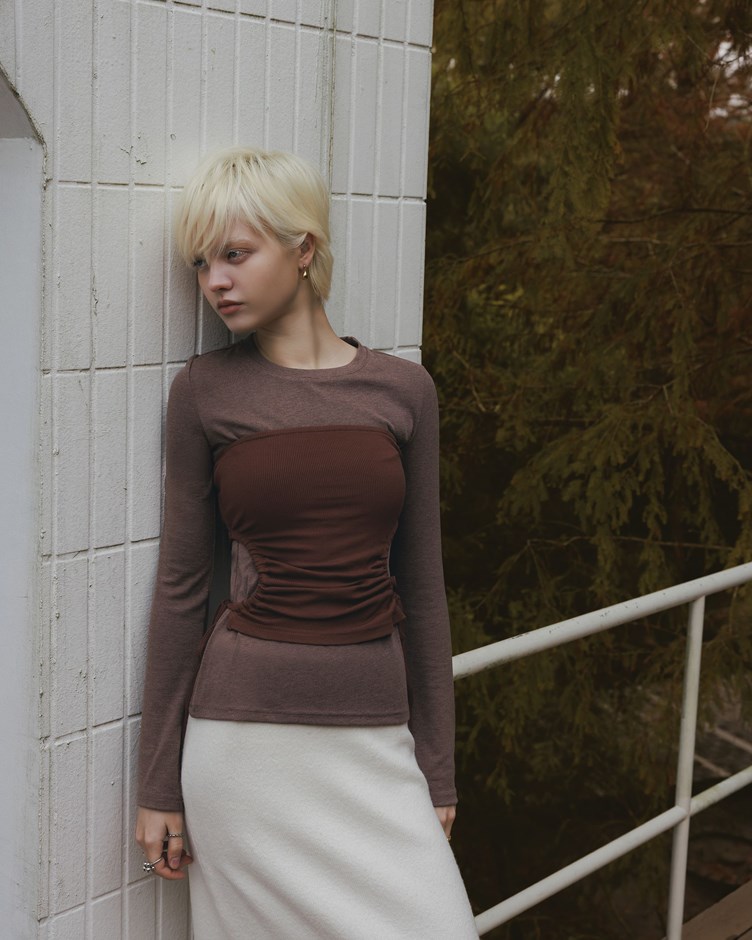 平口抽繩造型背心長袖上衣(兩件式)