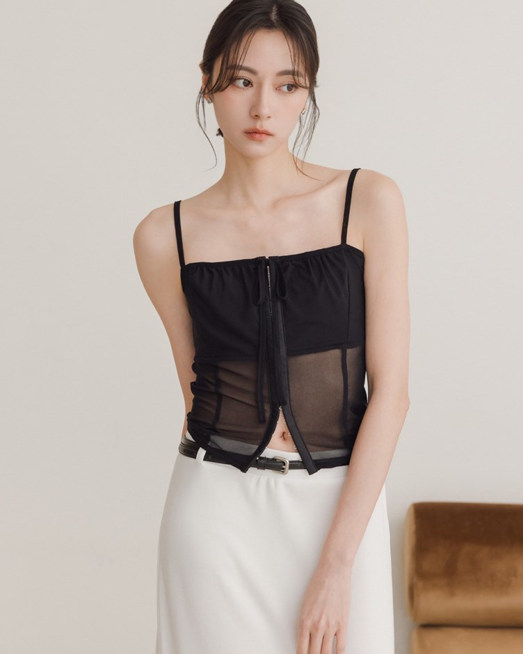 鉤釦網紗綁帶背心