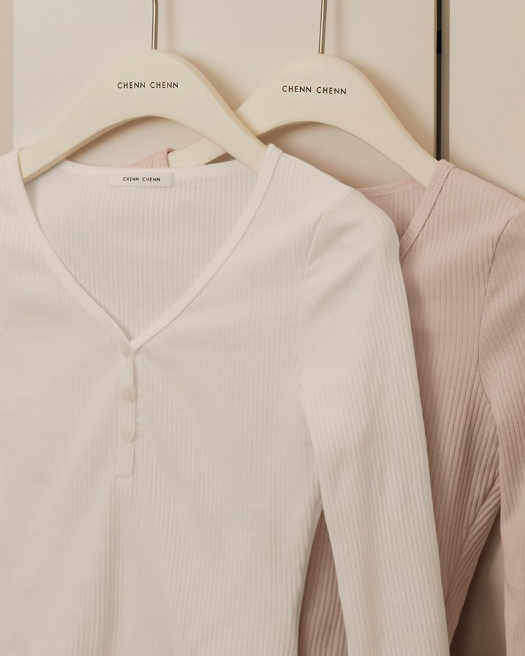 V領坑條長袖上衣