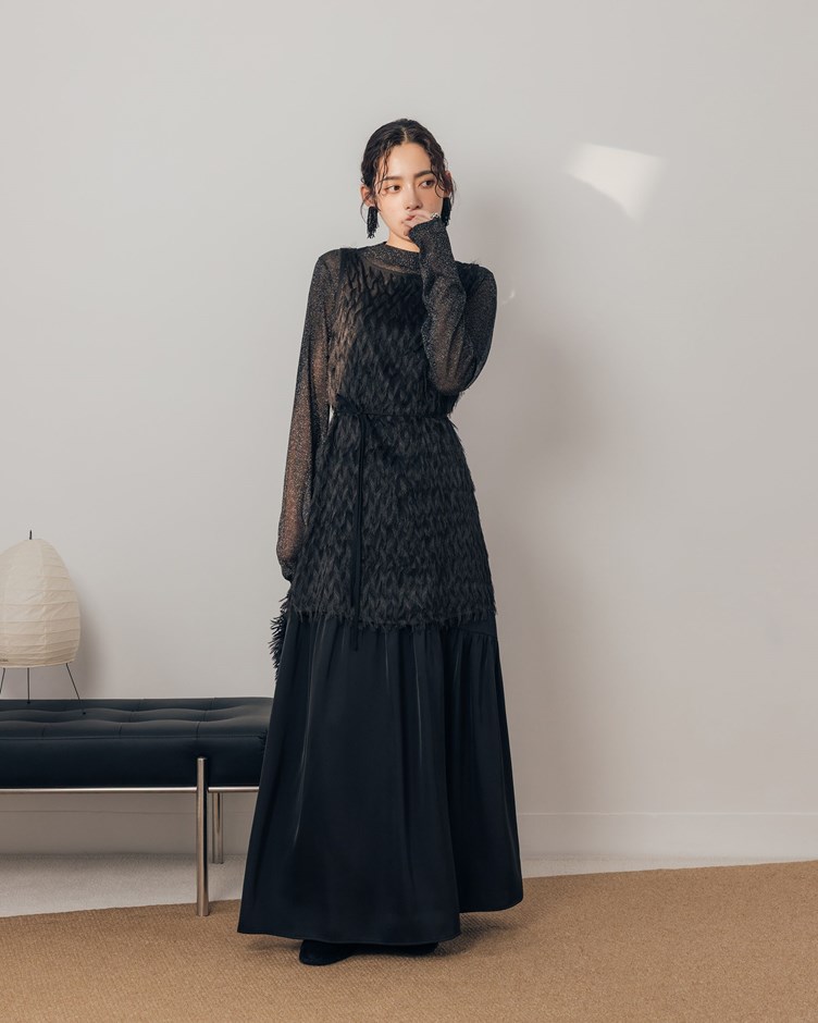 復古光澤毛毛微透外罩背心(附綁帶)