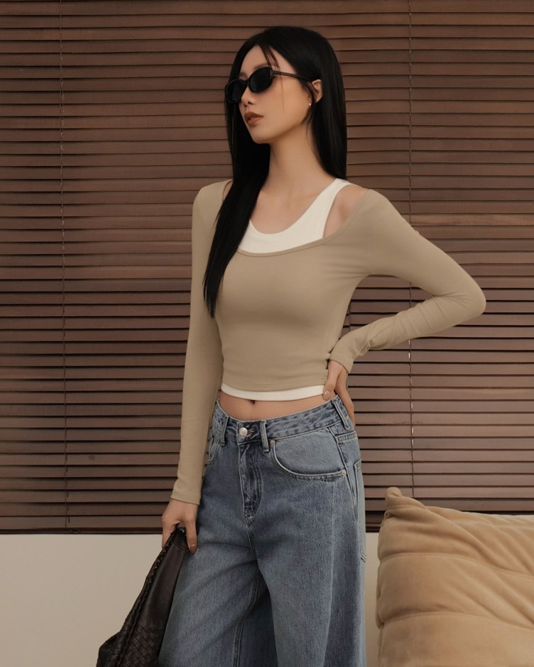 兩件式撞色長袖削肩BRATOP