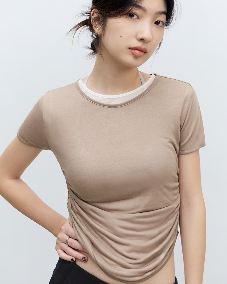 側抽皺透膚短TEE