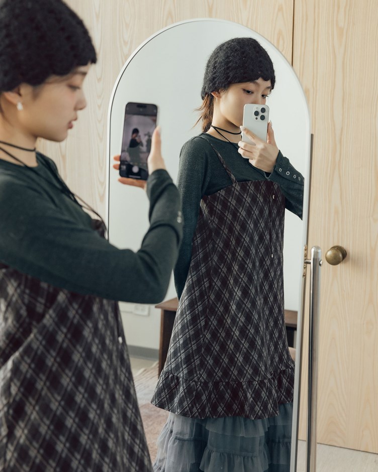 配色菱格紋毛呢短洋裝