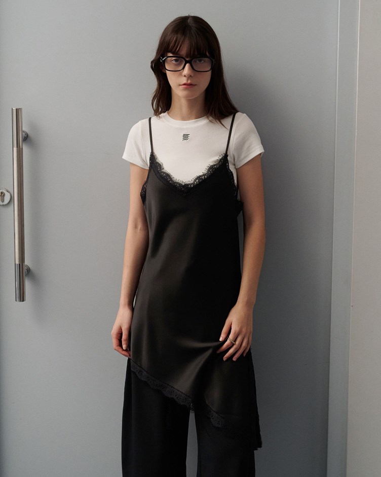 細肩帶蕾絲不對稱緞面上衣
