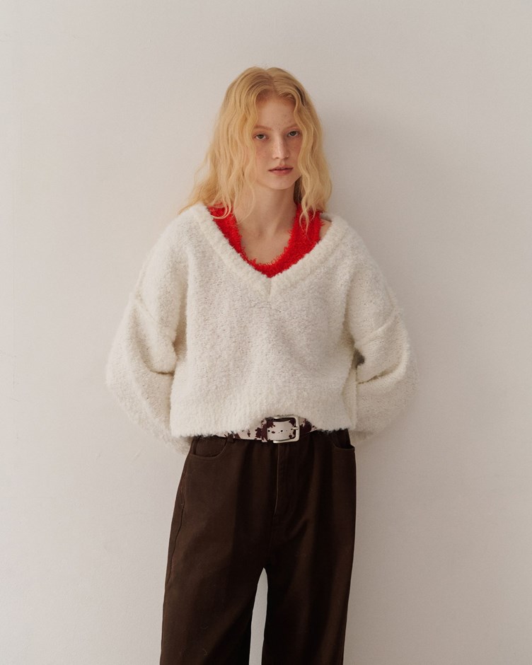 磨毛圈圈紗V領短版針織毛衣