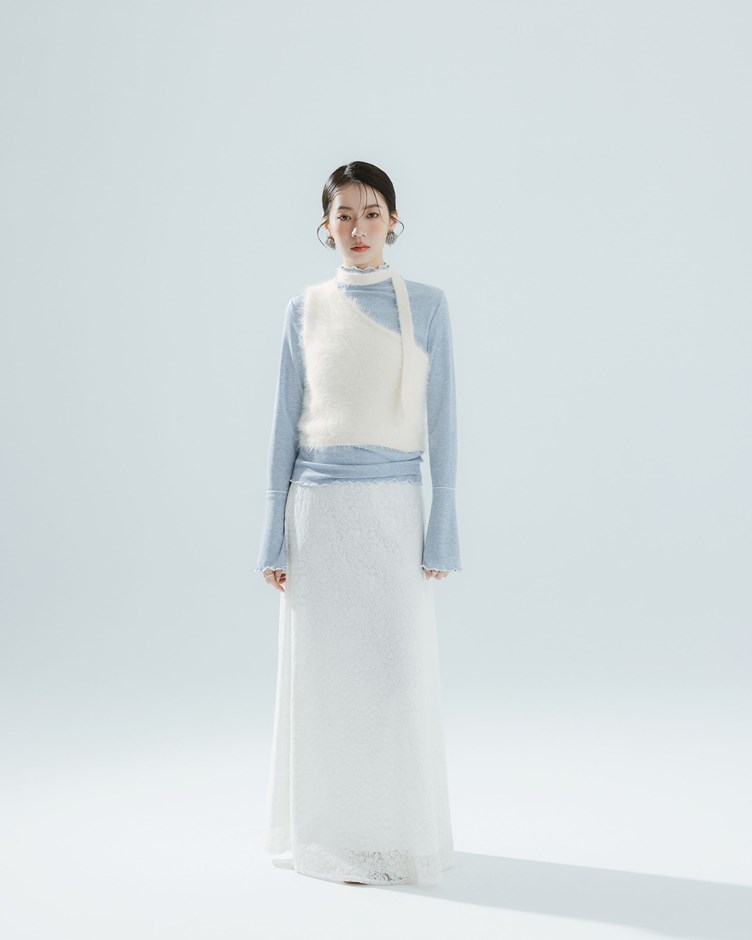 蕾絲波浪微傘擺長裙