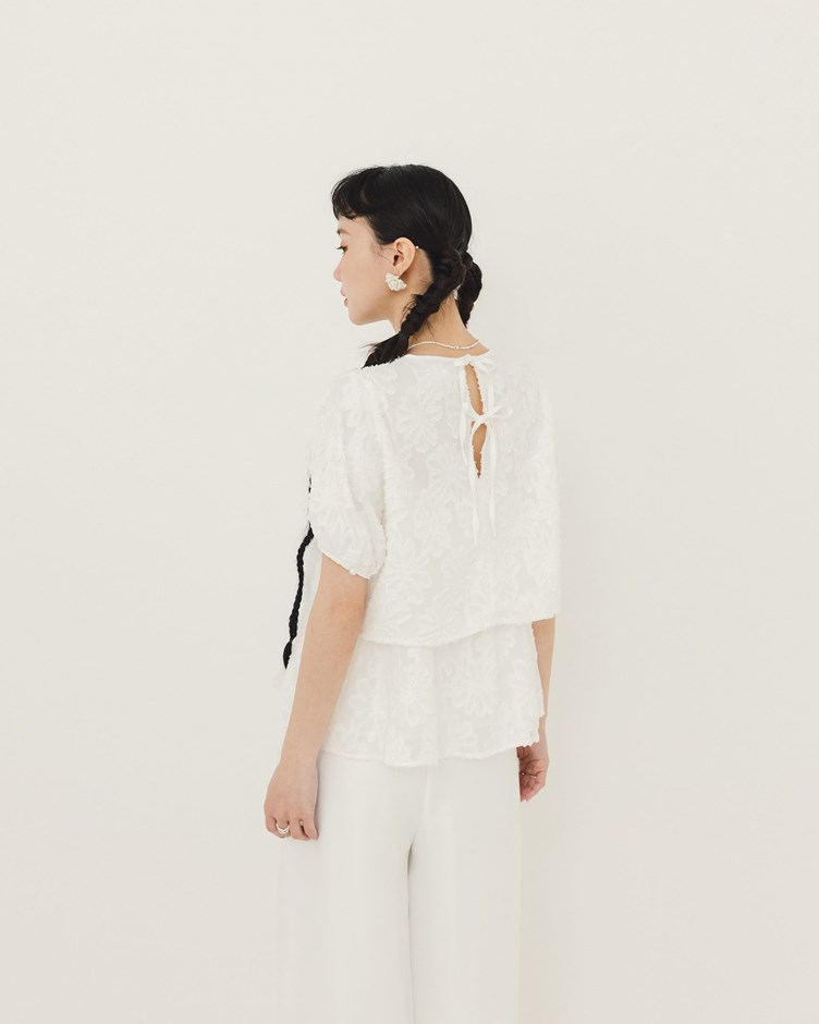 毛感花型美背雙綁帶澎袖上衣