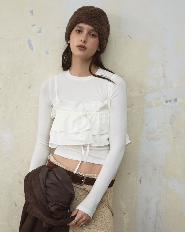 多層次荷葉感抽縐綁帶上衣(上衣+背心)