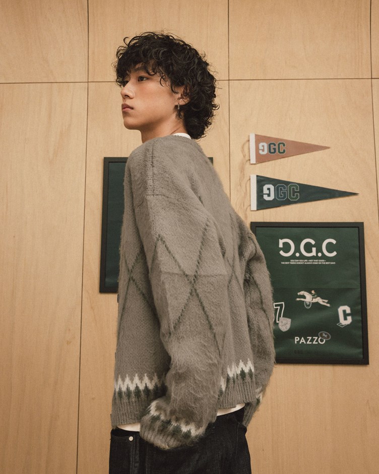 菱格紋磨毛感圓領針織外套(金針菇&黃大謙聯名款)