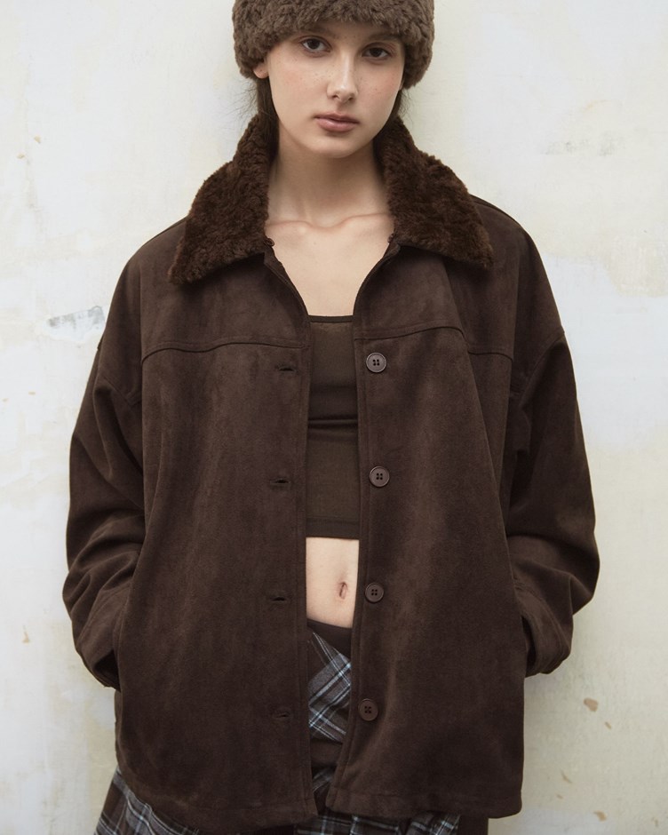 拼接毛絨領片麂皮外套