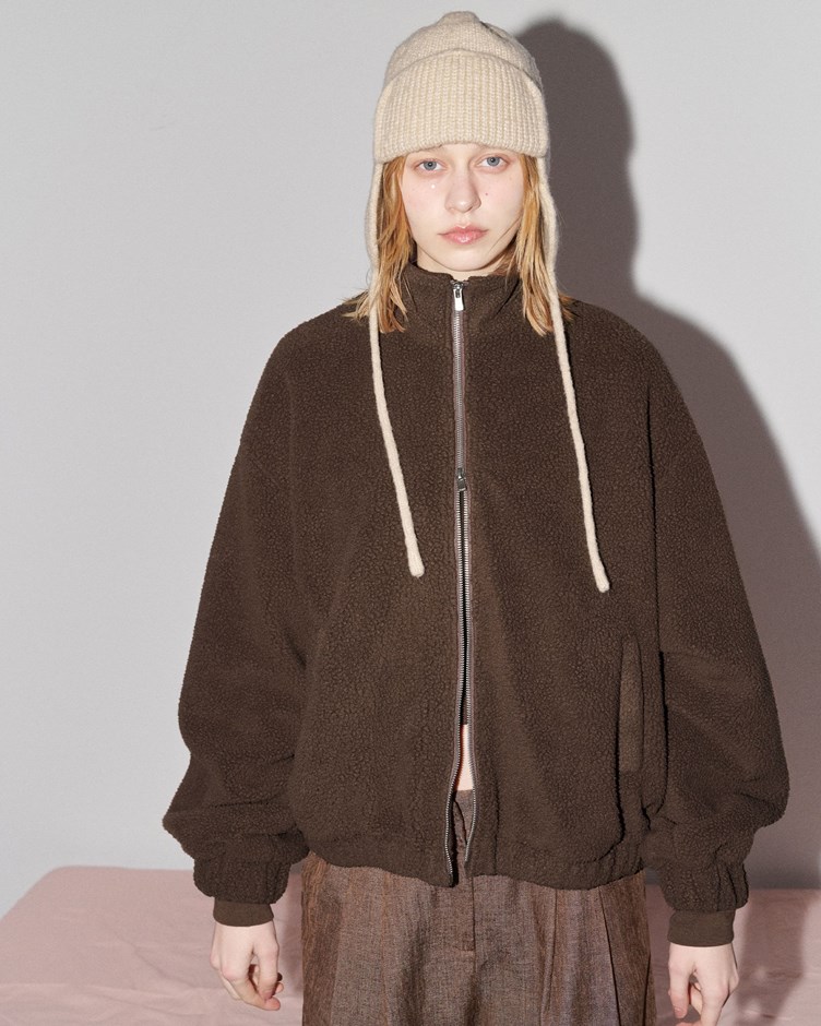 毛絨立領澎袖雙拉鍊外套