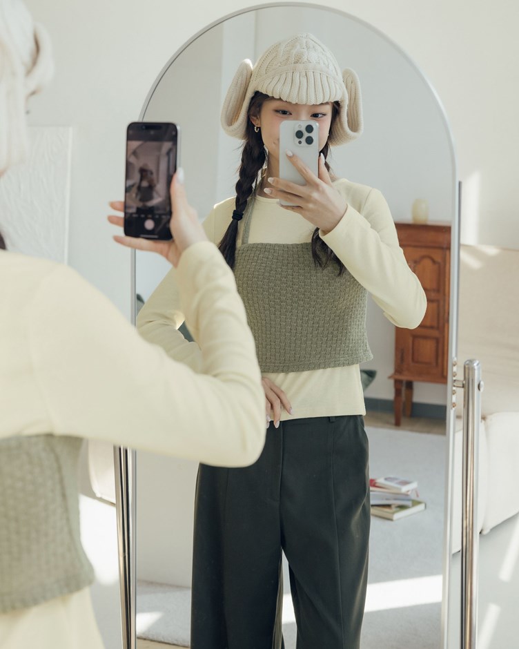 針織繞脖背心長袖上衣 (兩件式)