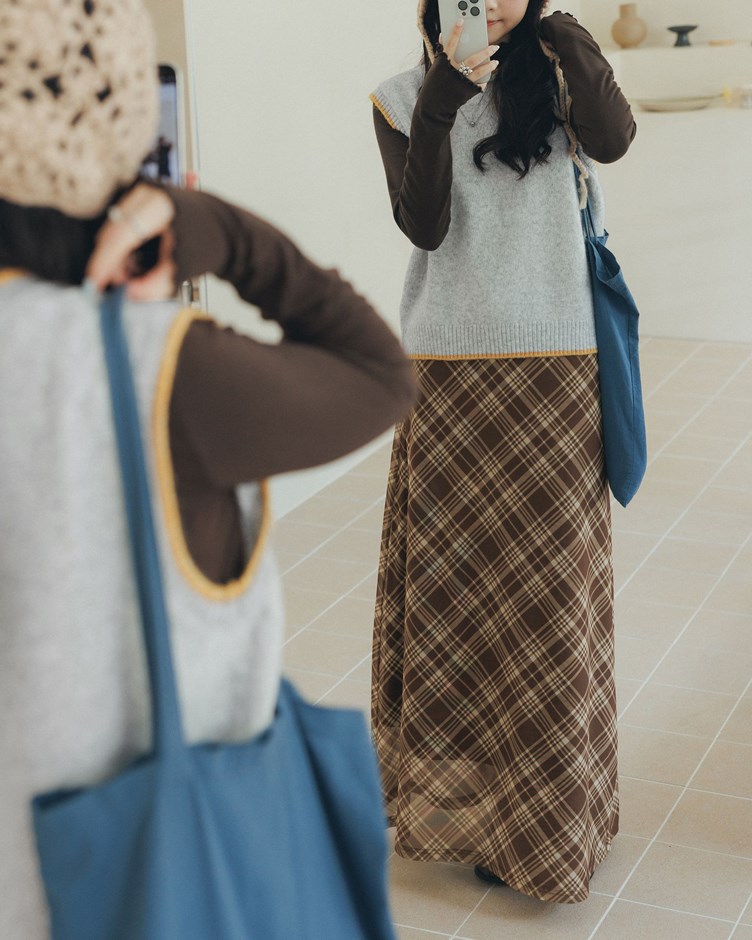 復古格紋傘襬長裙(預購 紅咖色預計10/31到貨)
