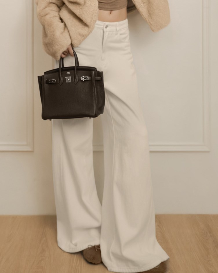 側剪接落地牛仔長褲