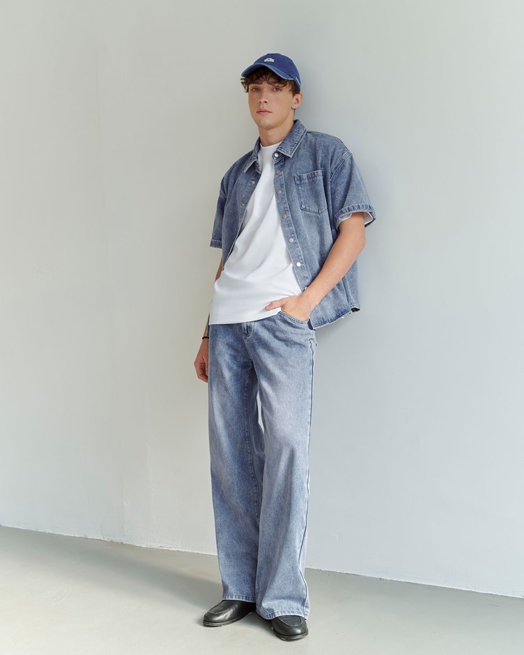 刷色鈎釦後鬆緊牛仔褲(MEN)