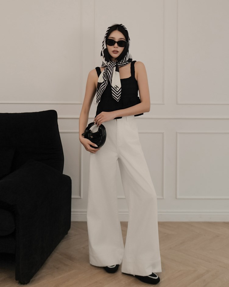 高腰拼接大寬褲