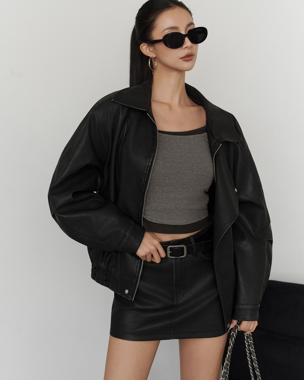 水洗寬鬆皮革鋪棉外套