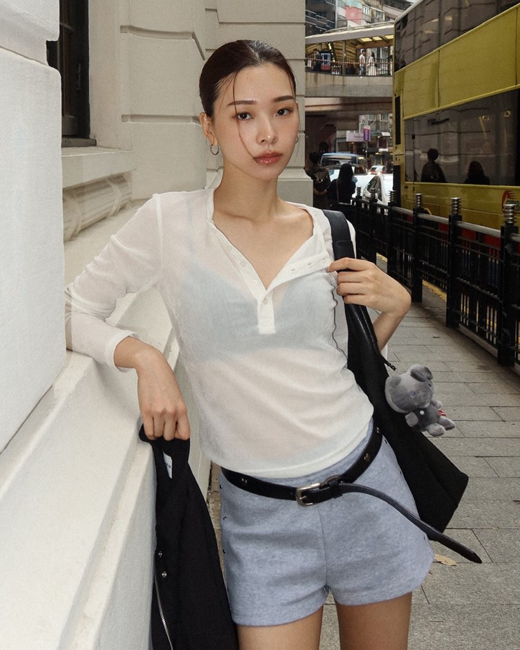 植絨網紗開釦長袖上衣