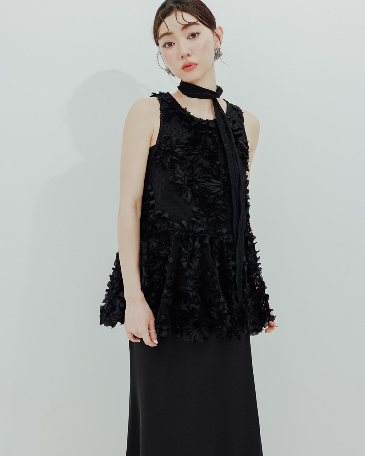網紗立體花朵削肩背心