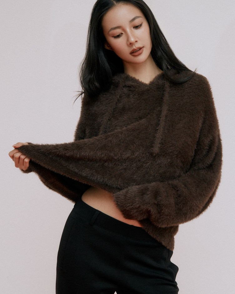 仿貂毛連帽針織上衣