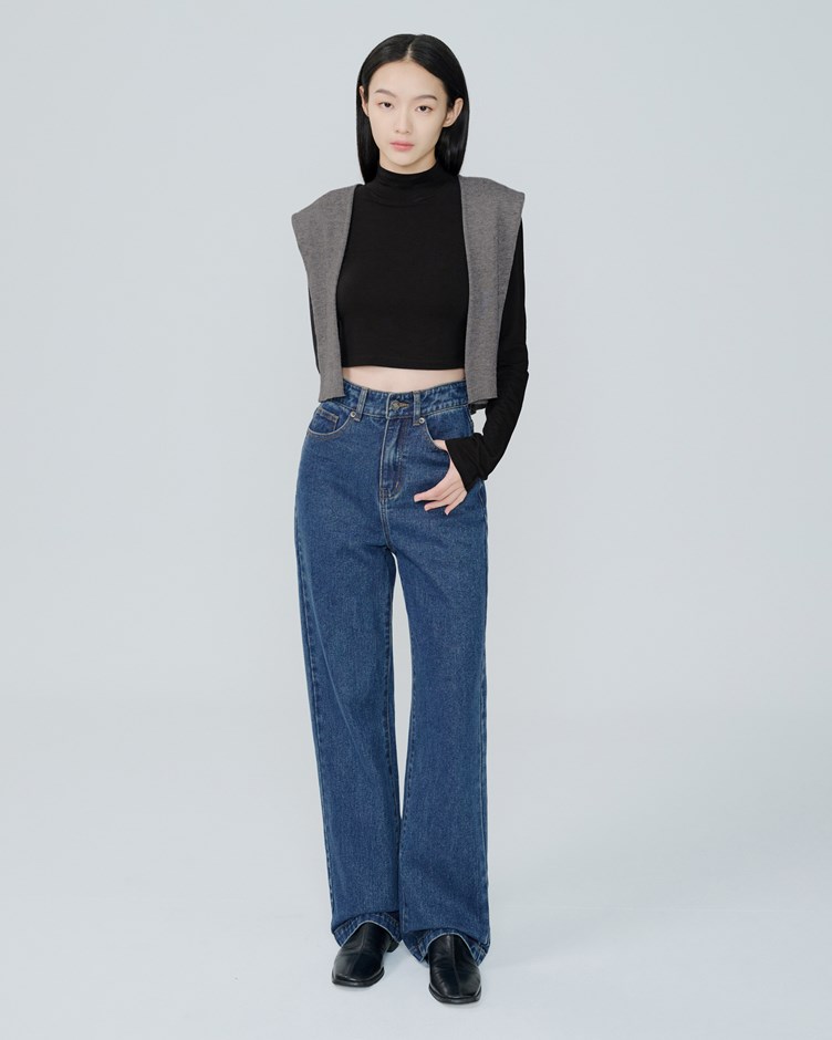 修身高腰直筒丹寧褲（收肉丹寧褲）