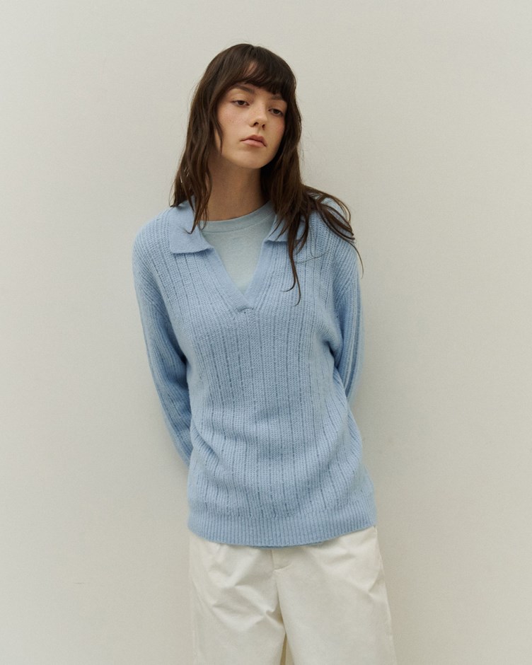 直紋簍空感翻領針織毛衣