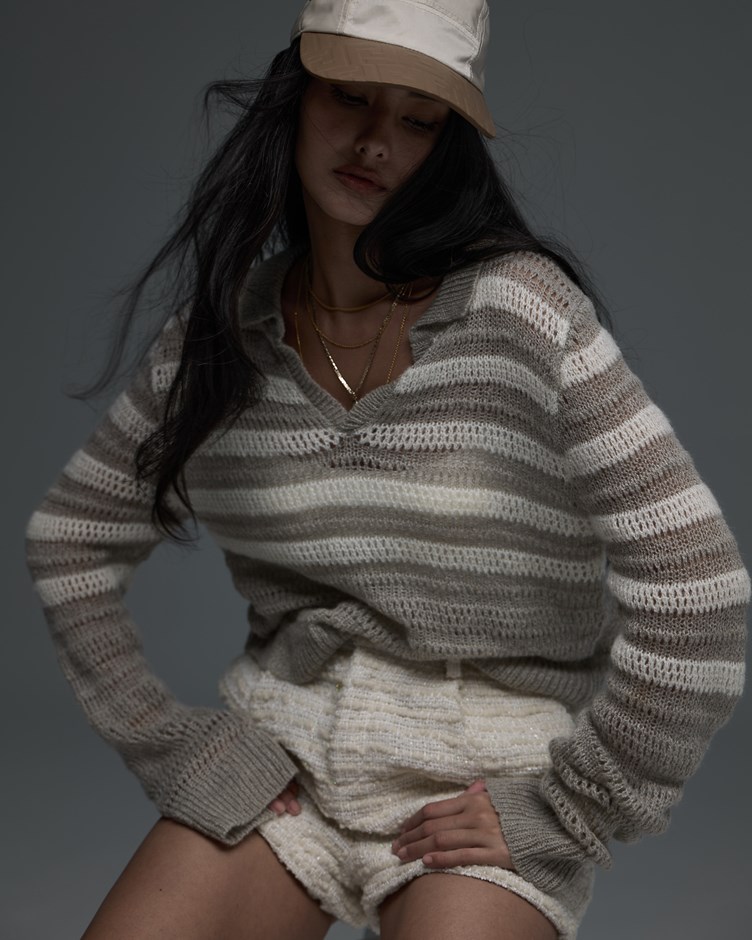 雲灰羊毛針織條紋上衣