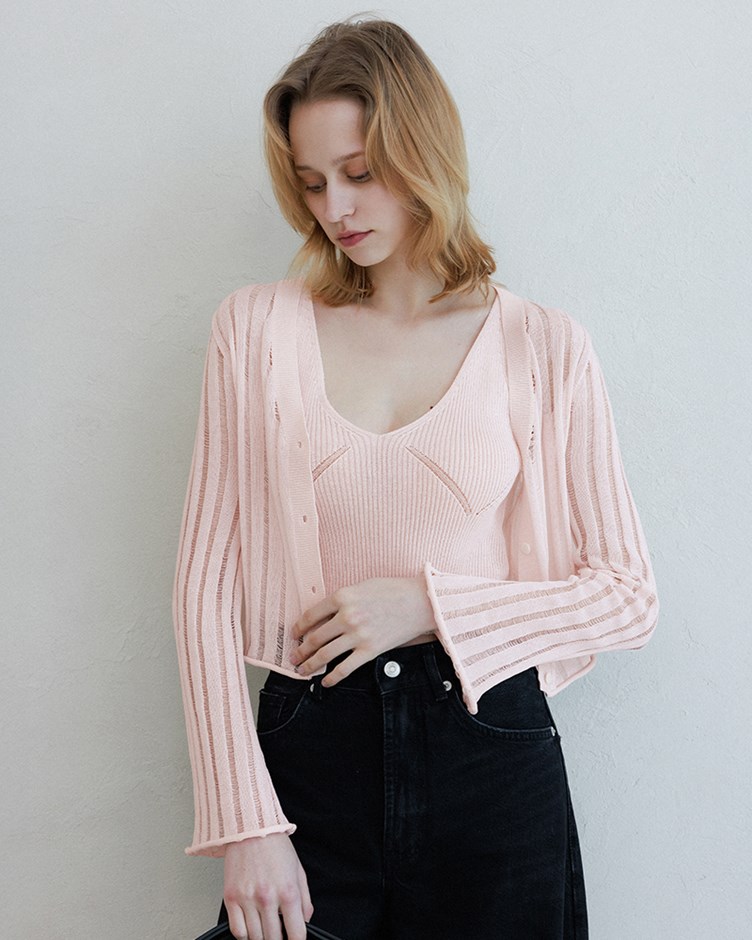 針織透膚V領兩件式