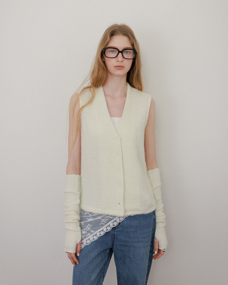 柔軟仿貂毛V領排釦背心 (背心+袖套)